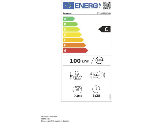 Étiquette énergie Samsung avec classe d'efficacité énergétique C, 100 kilowattheures pour 100 cycles, niveau sonore de 64 décibels et capacité nominale de 9 kilogrammes