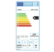 Étiquette énergétique Candy CDIH 1L949 : classe d’efficacité énergétique A+, 222 kilowattheures par an, 2520 litres de consommation d’eau par an, 9 couverts, 49 décibels