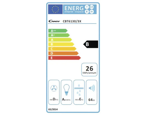 Candy CBT6130/3X Energieetikett mit Energieeffizienzklasse B, jährlichem Energieverbrauch von 26 Kilowattstunden und Geräuschemission von 64 Dezibel