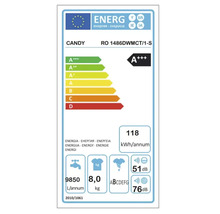Étiquette énergétique Candy avec classe d’efficacité énergétique A+++, 118 kilowattheures par an, consommation d’eau de 9850 litres par an et capacité de 8,0 kilogrammes