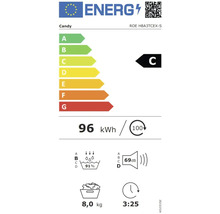 Energielabel für Candy Waschmaschine mit Energieeffizienzklasse C, 96 Kilowattstunden, 91 Prozent Waschwirkung, 69 Dezibel und 8,0 Kilogramm Kapazität.