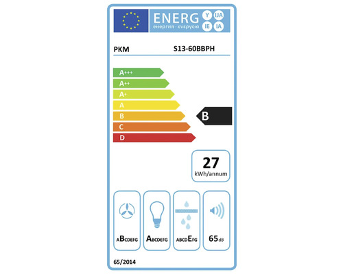 Étiquette énergie PKM S13-60BBPH avec classe d'efficacité énergétique B, consommation d'énergie annuelle de 27 kWh et émissions sonores de 65 dB