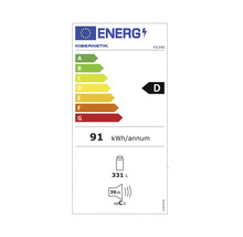 Étiquette énergétique avec classe d'efficacité énergétique D, consommation énergétique annuelle de 91 kilowattheures, capacité de 331 litres et niveau sonore de 39 décibels.