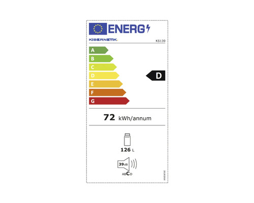 Energielabel mit Energieeffizienzklasse D, 72 Kilowattstunden pro Jahr, 126 Liter Volumen und 39 Dezibel Lautstärke