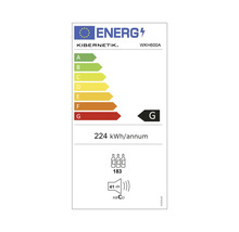 Étiquette énergétique KIBERNETIK WKH600A avec classe d'efficacité énergétique G, une consommation énergétique annuelle de 224 kilowattheures, une capacité de stockage de 183 bouteilles et un niveau sonore de 41 décibels