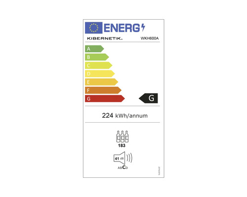 Étiquette énergétique KIBERNETIK WKH600A avec classe d'efficacité énergétique G, une consommation énergétique annuelle de 224 kilowattheures, une capacité de stockage de 183 bouteilles et un niveau sonore de 41 décibels