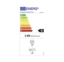Étiquette énergétique Kibernetik, classe d'efficacité énergétique G, consommation énergétique annuelle 138 kilowattheures, capacité de 37 bouteilles, émission sonore 39 décibels