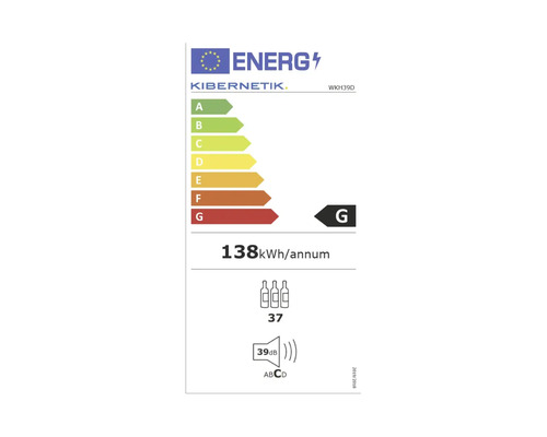 Étiquette énergétique Kibernetik, classe d'efficacité énergétique G, consommation énergétique annuelle 138 kilowattheures, capacité de 37 bouteilles, émission sonore 39 décibels