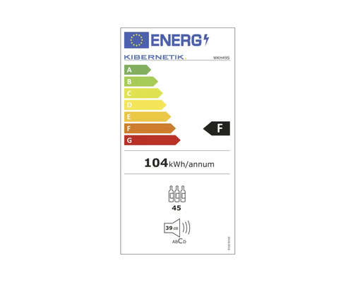 Étiquette énergétique Kibernetik avec classe d'efficacité énergétique F, une consommation énergétique annuelle de 104 kilowattheures, une capacité de 45 bouteilles et un niveau sonore de 39 décibels
