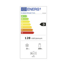Étiquette énergétique avec classe d'efficacité énergétique D, une consommation annuelle d'énergie de 128 kilowattheures, un volume de congélation de 21 litres, un volume de réfrigération de 260 litres et un niveau sonore de 39 décibels