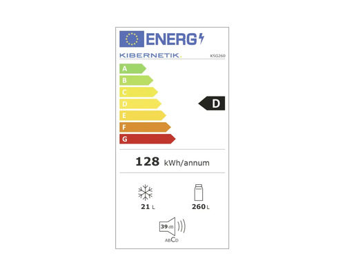 Étiquette énergétique avec classe d'efficacité énergétique D, une consommation annuelle d'énergie de 128 kilowattheures, un volume de congélation de 21 litres, un volume de réfrigération de 260 litres et un niveau sonore de 39 décibels