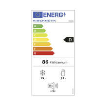 Étiquette énergie Kibernetik avec classe d'efficacité énergétique D, 86 kilowattheures par an, volume du compartiment congélateur de 15 litres et volume du compartiment réfrigérateur de 92 litres