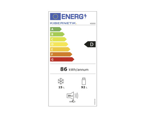 Étiquette énergie Kibernetik avec classe d'efficacité énergétique D, 86 kilowattheures par an, volume du compartiment congélateur de 15 litres et volume du compartiment réfrigérateur de 92 litres