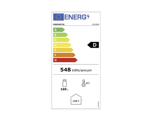 Étiquette énergétique pour KIBERNETIK KS160M avec classe d'efficacité énergétique D, une consommation énergétique annuelle de 548 kilowattheures, une capacité de 160 litres et une température ambiante maximale de 32 degrés.