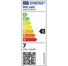 Étiquette énergétique BRE-Light G99772A75, classe d'efficacité énergétique E, consommation électrique 7 kWh pour 1000 heures
