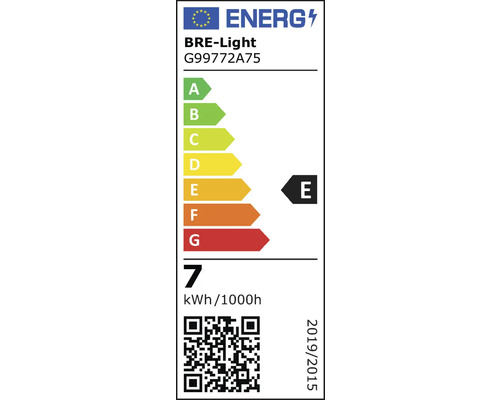 Étiquette énergétique BRE-Light G99772A75, classe d'efficacité énergétique E, consommation électrique 7 kWh pour 1000 heures
