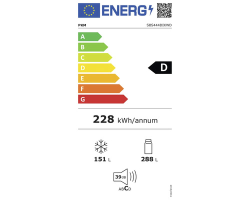 PKM Energielabel SBS444DIXWD mit Energieeffizienzklasse D, 228 Kilowattstunden pro Jahr, 151 Liter Kühlfach, 288 Liter Kühlschrank und 39 Dezibel Lautstärke