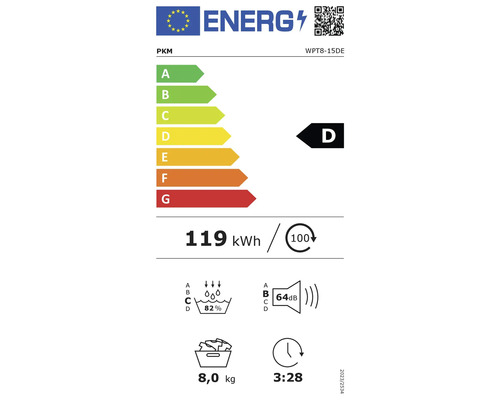 Étiquette énergétique PKM avec classe d'efficacité énergétique D, consommation électrique de 119 kWh, efficacité d'essorage de 82 %, niveau sonore de 64 décibels et durée du programme de 3 heures 28 minutes