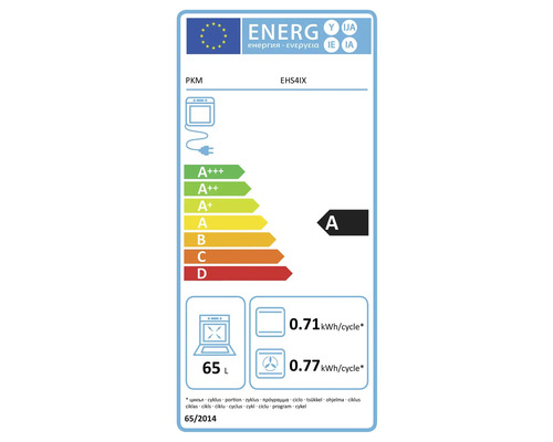 Étiquette énergétique pour un four PKM EHS4IX avec classe d'efficacité énergétique A et un volume de 65 litres