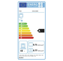 Étiquette énergétique pour four PKM EHS4-2KBIX avec classe d'efficacité énergétique A, une consommation de 0.71 kWh par cycle en mode conventionnel et 0.77 kWh par cycle en mode chaleur tournante, et un volume de 65 litres