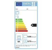 Étiquette énergétique PKM EB9 pour four, classe d'efficacité énergétique A, consommation de 0,66 kWh par cycle en mode normal, 0,73 kWh par cycle en mode air chaud, volume de la cavité de 64 litres