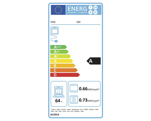 Étiquette énergétique PKM EB9 pour four, classe d'efficacité énergétique A, consommation de 0,66 kWh par cycle en mode normal, 0,73 kWh par cycle en mode air chaud, volume de la cavité de 64 litres