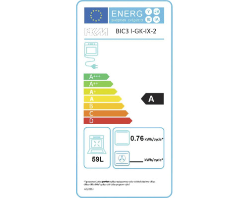Étiquette énergétique pour le four PKM BIC3 I-GK-IX-2 avec la classe d'efficacité énergétique A, une consommation électrique de 0.76 kWh par cycle et un volume de 59 litres.