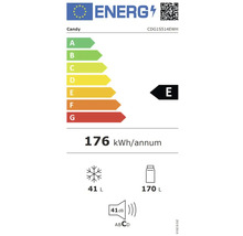 Étiquette énergie Candy avec classe d'efficacité énergétique E, 176 kilowattheures par an, volume du compartiment congélateur de 41 litres, volume du compartiment réfrigérateur de 170 litres et niveau sonore de 41 décibels.