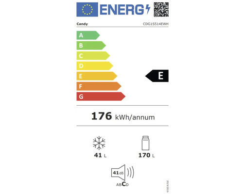 Étiquette énergie Candy avec classe d'efficacité énergétique E, 176 kilowattheures par an, volume du compartiment congélateur de 41 litres, volume du compartiment réfrigérateur de 170 litres et niveau sonore de 41 décibels.