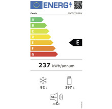 Étiquette énergétique Candy avec classe d'efficacité énergétique E, consommation annuelle d'énergie de 237 kilowattheures, volume du compartiment congélateur de 82 litres, volume du compartiment réfrigérateur de 197 litres et émission...