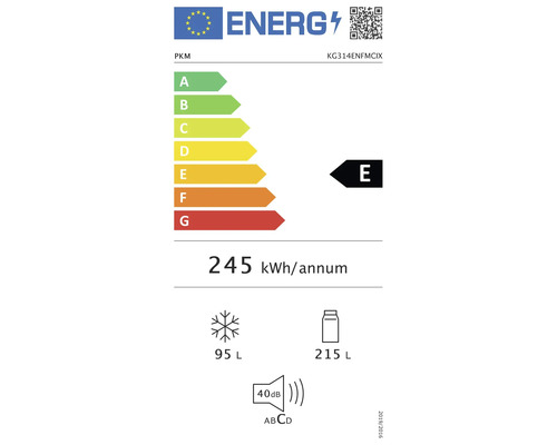 Energielabel für PKM KG314ENFMCIX mit Energieeffizienzklasse E, einem jährlichen Energieverbrauch von 245 Kilowattstunden, einem Gefrierfachvolumen von 95 Litern, einem Kühlfachvolumen von 215 Litern und einem Geräuschpegel von 40 Dezibel