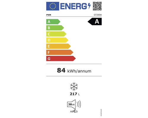 Energielabel PKM GT200A, Energieeffizienzklasse A, Stromverbrauch 84 Kilowattstunden pro Jahr, Nutzinhalt 217 Liter, Geräuschemission 38 Dezibel, Klasse D