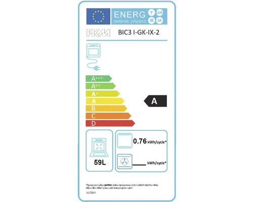 Étiquette énergétique pour four PKM BIC3 I-GK-IX-2 avec classe d'efficacité énergétique A, consommation électrique de 0.76 kWh par cycle et volume de 59 litres