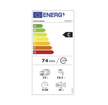 Étiquette énergétique pour lave-vaisselle avec classe d'efficacité énergétique C, consommation d'énergie 74 kilowattheures pour 100 cycles de lavage, 15 couverts, consommation d'eau 10,2 litres, durée du programme 4 heures 30 minutes, niveau...