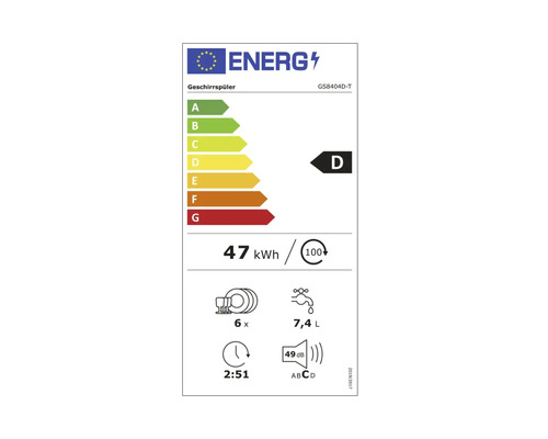Energielabel für Geschirrspüler mit der Energieeffizienzklasse D, 47 Kilowattstunden pro 100 Betriebszyklen, 6 Maßgedecke, 7,4 Liter Wasserverbrauch und einem Geräuschpegel von 49 Dezibel
