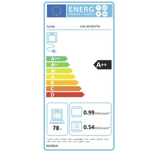 Étiquette énergétique pour four Candy CA6 NP5B3YTB avec classe d'efficacité énergétique A++, volume de 78 litres et consommation d'énergie par cycle