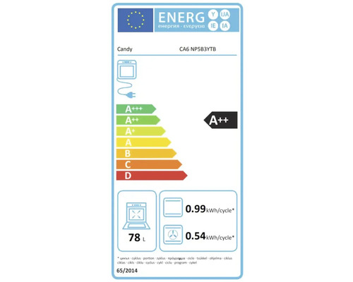 Étiquette énergétique pour four Candy CA6 NP5B3YTB avec classe d'efficacité énergétique A++, volume de 78 litres et consommation d'énergie par cycle