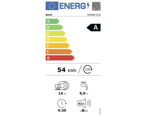 Étiquette énergétique Bosch SMD6ECX21E avec classe d'efficacité énergétique A, consommation électrique 54 kilowattheures pour 100 cycles de lavage, 14 couverts, consommation d'eau 9,0 litres, niveau sonore 42 décibels, durée du programme 4...