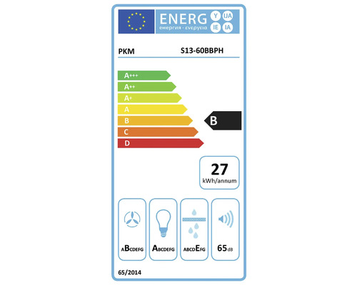 Étiquette énergétique PKM S13-60BBPH avec classe d'efficacité énergétique B, une consommation énergétique annuelle de 27 kilowattheures et une émission sonore de 65 décibels
