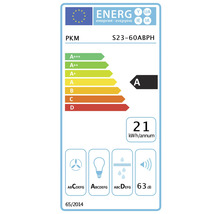 Étiquette énergétique PKM S23-60ABPH avec classe d'efficacité énergétique A, consommation énergétique annuelle de 21 kilowattheures par an et un niveau sonore de 63 décibels