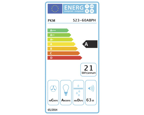 Étiquette énergétique PKM S23-60ABPH avec classe d'efficacité énergétique A, consommation énergétique annuelle de 21 kilowattheures par an et un niveau sonore de 63 décibels