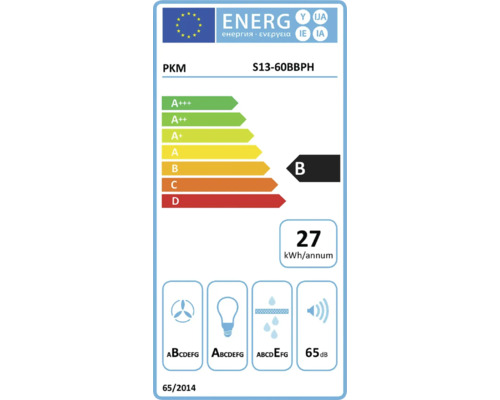Étiquette énergétique PKM S13-60BBPH avec classe d'efficacité énergétique B, consommation énergétique annuelle de 27 kWh et niveau sonore de 65 décibels