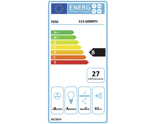 Étiquette énergétique PKM S13-60BBPH avec classe d'efficacité énergétique B, consommation énergétique annuelle de 27 kilowattheures et émission sonore de 65 décibels