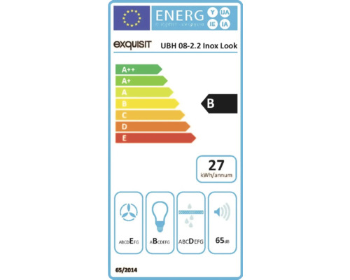 Étiquette énergétique pour hotte aspirante Exquisit UBH 08-2.2 Inox Look avec classe d'efficacité énergétique B, une consommation énergétique annuelle de 27 kilowattheures et un niveau sonore de 65 décibels