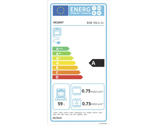 Étiquette énergétique du four Exquisit EHE 156-2.1U avec classe d'efficacité énergétique A, volume de 59 litres et consommation électrique de 0,75 kWh par cycle en mode standard et de 0,73 kWh par cycle en mode convection.
