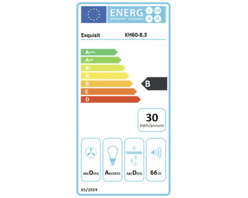 Étiquette énergétique Exquisit KH60-8.3 avec classe d'efficacité énergétique B, consommation énergétique annuelle de 30 kilowattheures et émission sonore de 66 décibels
