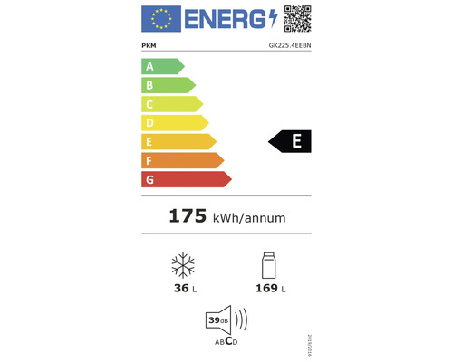 Étiquette énergétique PKM réfrigérateur classe d'efficacité énergétique E, consommation d'énergie 175 kWh par an, compartiment congélateur 36 litres, compartiment réfrigérateur 169 litres, émission sonore 39 décibels
