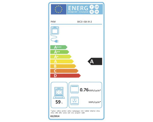 Étiquette énergétique pour un four PKM avec une classe d'efficacité énergétique A, une consommation d'énergie de 0.76 kilowattheures par cycle et un volume de 59 litres.