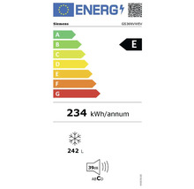 Étiquette énergétique Siemens GS36NVWEV avec classe d'efficacité énergétique E, consommation électrique de 234 kWh par an, volume du compartiment congélateur de 242 litres et émission sonore de 39 décibels