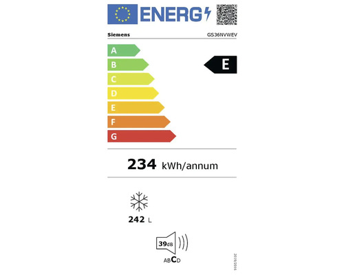Étiquette énergétique Siemens GS36NVWEV avec classe d'efficacité énergétique E, consommation électrique de 234 kWh par an, volume du compartiment congélateur de 242 litres et émission sonore de 39 décibels